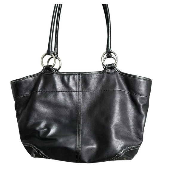 Coach Large Black Leather Shoulder Tote Bag Silver Hardware White Stitching - Picture 2 of 12